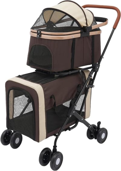 Opvouwbare Huisdierwagen - Reismand Trolley - Comfortabel Reizen - Twee Verdiepingen Design - 35 kg Draaglast - Koffiekleur