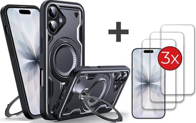 Hoesje Geschikt voor iPhone 17 met 3 Stuks gehard glas Screenprotector - Armor hoes met Ringhouder - Arara backcover - Zwart