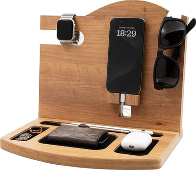 Industrial Living Bureau Organizer – Telefoon Standaard Bureau Smartphone- Docking Station Apple Watch – Opberger – Hout - Leer