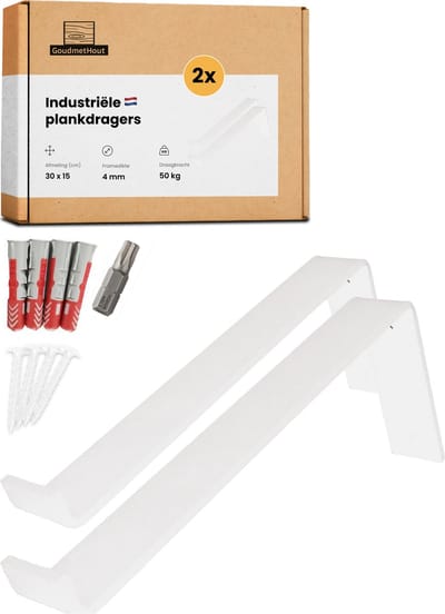 GoudmetHout® Industriële Plankdragers L-vorm - 30 cm - Stalen Plankdrager voor Wandschap, Muurrek of Wandconsole - Max 50 kg - 2 Stuks - Mat Wit