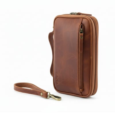 Fana Bags Leren Polstas Cognac - Platte Polstasje Veel Vakken - Heren Polstas Buffelleer - Reis Portefeuille Leer