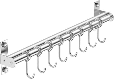 Hangrek - Dubbele stang - Bestekrek - Wandmontage - 1 stuk - 50 x 8,5 cm - 8 haken - Roestvrij staal - Dekselrek - Kookgerei-opbergrek met schuifhaken - Geschikt voor keukens en badkamers - Zilver