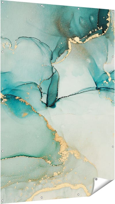Gards Tuinposter Abstracte Kunst - Blauwe Marmer met Goud - 120x180 cm - Tuindoek - Tuindecoratie - Wanddecoratie buiten - Tuinschilderij