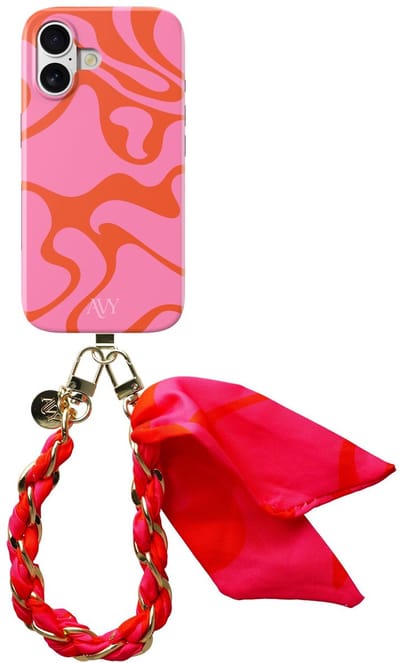 AVY Hoesje Met Telefoonkoord | Geschikt voor Apple iPhone 16 | Compatibel met MagSafe | Hard Shell Back Cover | Stijlvol Bijpassend Koord 32CM | Rosé Twist | Roze