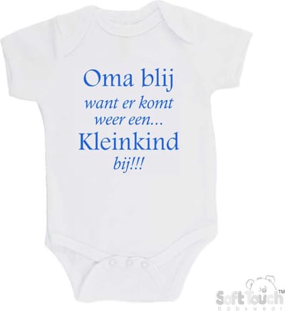 100% katoenen Romper "Oma blij want er komt weer een kleinkind bij!!!" Jongens Katoen Wit/blauw Maat 62/68