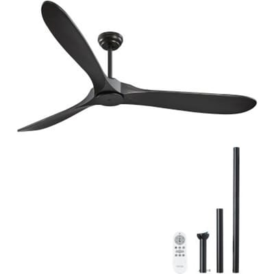 VEVOR 180 cm plafondventilator zonder licht, 6-snelheden afstandsbediening, 3 houten bladen, omkeerbare DC-motor, buitenventilator voor slaapkamer, woonkamer, terras, binnen/buiten, zwart