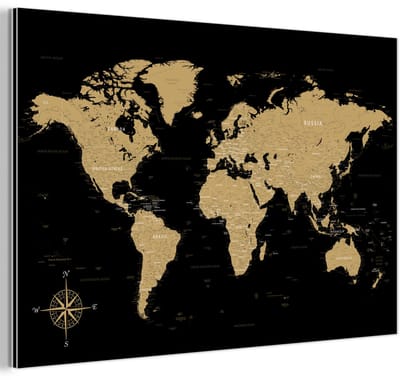 Aluminium schilderij 180x120 cm - Wanddecoratie metaal - Wereldkaart - Beige - Zwart - Metalen muurdecoratie woonkamer - Decoratie industrieel - Foto op dibond - Industriële accessoires slaapkamer
