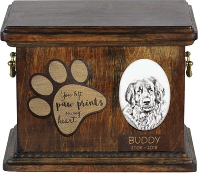 Persoonlijke urn voor Leonberger met foto en as van je hond