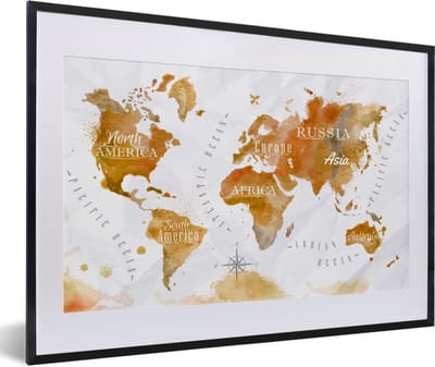 Poster in lijst - Fotolijst 60x40 cm - Posters - Wereldkaart - Bruin - Verf - Posterlijst zwart - Decoratie - Wanddecoratie woonkamer - Muurdecoratie slaapkamer