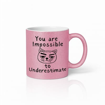 “You Are Impossible to Underestimate” 330ml Roze Glitter Koffiemok – Grappige Kat Quote – Sarcastisch Cadeau voor Vrienden & Collega’s
