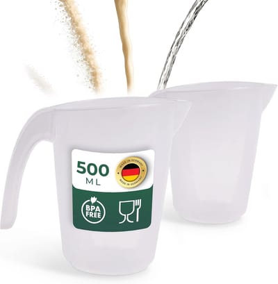 Novaliv 2x maatbekers 500ml, maatbeker 0,5l set transparant met duidelijke g/ml schaalverdeling voor vloeistoffen bloem & suiker, Made in Germany, vaatwasserbestendig, mengkom doseerbeker maatbeker