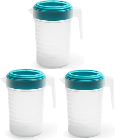 Plasticforte Waterkan met deksel - 3x stuks - 1 liter - blauw/ transparant - kunststof - schenkkan karaf