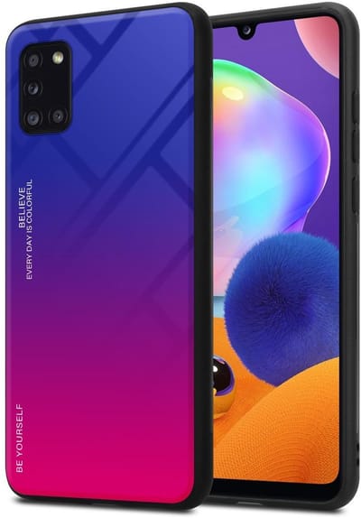 Cadorabo Hoesje geschikt voor Samsung Galaxy A31 in PAARS - ROOD - Tweekleurige beschermhoes van TPU-silicone Case Cover en achterzijde van gehard glas