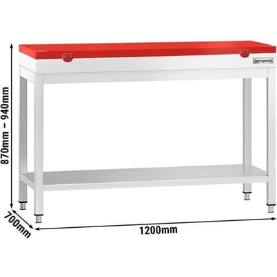 GGM Gastro Edelstahl Arbeitstisch PREMIUM - 1200x700mm - mit Grundboden - inkl. Schneideplatte Rot