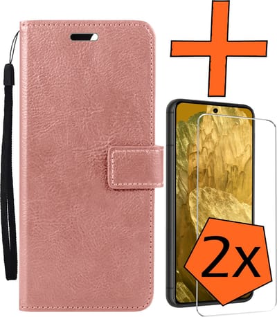 Hoes - Met 2x Screenprotector - Geschikt voor Google Pixel 8a - Luxe Pasjeshouder - Bookcase Portemonee - Flip Case - Kunstleer Book Case - Flipcase Hoes - Book Cover - Walletcase - PortemonneeHoes - Rosé goud
