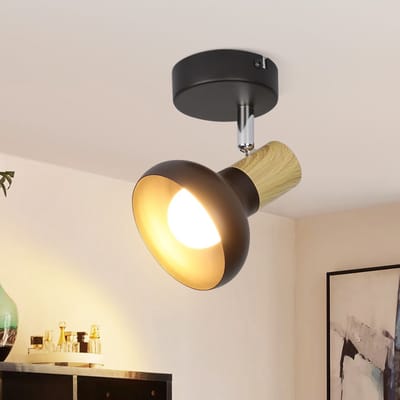 NETTLIFE Opbouwspot - E14 Fitting - 1-Lichts - zwart - L 8cm - met Hout ontwerp - Metaal - Moderne Plafondlamp - 350° draaibar Plafondspot - voor Keuken | Hal | Woonkamer - Zonder lamp