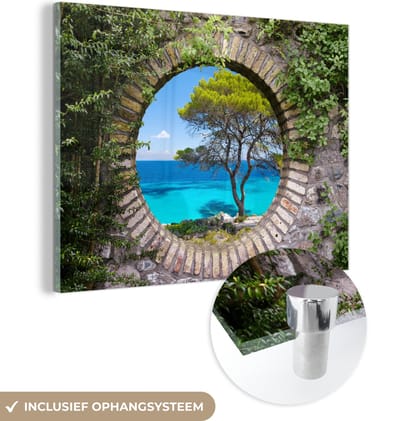 MuchoWow® Glasschilderij 120x90 cm - Schilderij acrylglas - Zee - Boom - Tropisch - Doorkijk - Foto op glas - Schilderijen