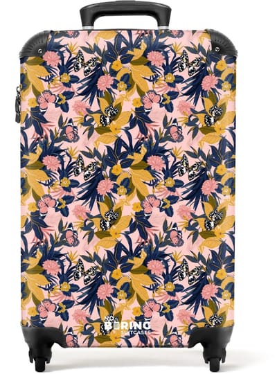 NoBoringSuitcases.com - Koffer - Tropisch vlinder patroon blauw geel - Past binnen 55x40x20 cm en 55x35x25 cm - Trolley handbagage - Valiezen met wieltjes volwassenen - Reiskoffer op wielen - Rolkoffer lichtgewicht