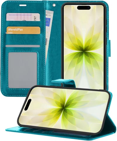 Hoesje - Met Pasjeshouder - Geschikt voor Apple iPhone 17 - Luxe Bookcase Portemonee - Flip Case - Kunstleer Book Case - Flipcase - Book Cover - Walletcase - Portemonneehoes - Telefoonhoesjes - Turquoise