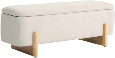 Opbergbank gestoffeerde bank bedbank 111x44x44.5cm beige huidvriendelijke zachte stof comfortabele dikke vulling met veiligheidsscharnier modern minimalistisch design geschikt voor woonkamer slaapkamer en gang