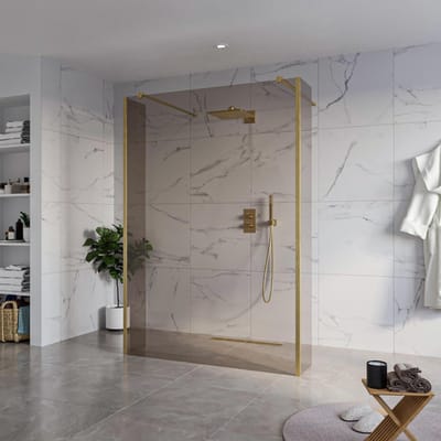FugaFlow Eccelente Vetro Vrijstaande inloopdouche badkamer - 140x200cm - Rookglas - antikalk - 8mm veiligheidsglas - 2 zijwanden 40cm - met wandarmen en hoekprofielen - Messing geborsteld (goud) -
