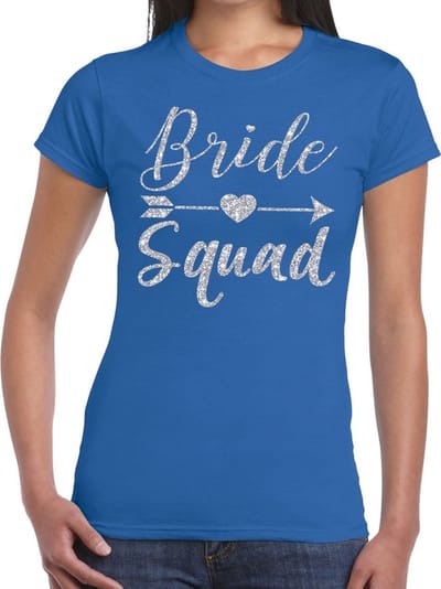 Bride Squad Cupido zilver glitter tekst t-shirt blauw dames - dames shirt Bride Squad- Vrijgezellenfeest kleding XS