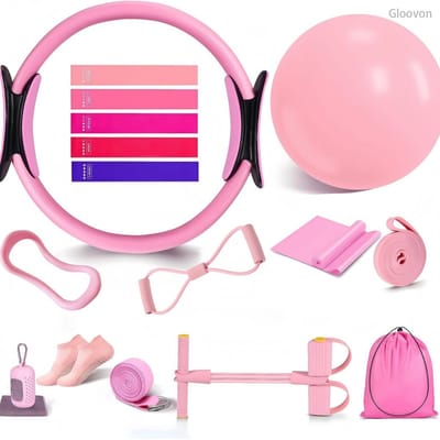 Gloovon® 16-Delige Pilates Set - Inclusief Pilates Ring, Bal & Weerstandsbanden - Fitness Accessoires voor Thuis Workout - Pedaaltrainer - Roze