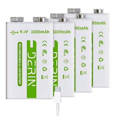 Derin USB-C 9V oplaadbare batterij 4-pack (1000 mAh), Snelladen met Kabel, 1000mAh Li-ion, Voor Rookmelders & Apparaten
