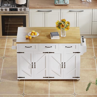 MODFU - Keukeneiland - Opklapbaar Werkblad En Wielen - Schuurstijl - Keuken En Eethoek - MDF - Wit En Naturel - 140 x 43(70) x 90,5 cm