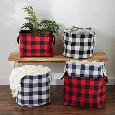 CAMZ10457 Polyester opbergmand of vuilnisbak met duurzame katoenen handgrepen, Home Organizer oplossing voor kantoor, slaapkamer, kast, speelgoed, wasserij, medium, zwart en wit