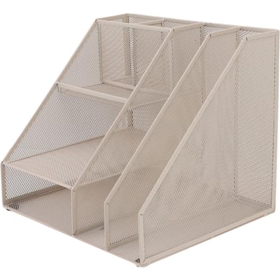 Desktop Documentenorganizer 2 Vakken 3 Lades 2 Pennenhouders Wit Metalen Gaas Verticaal Opbergrek voor gray