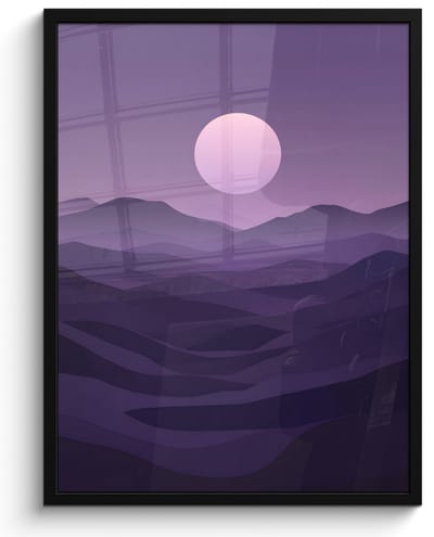 Poster in lijst - Fotolijst 50x70 cm - Posters - Heuvels - Paars - Mist - Zon - Posterlijst zwart - Decoratie - Wanddecoratie woonkamer - Muurdecoratie slaapkamer