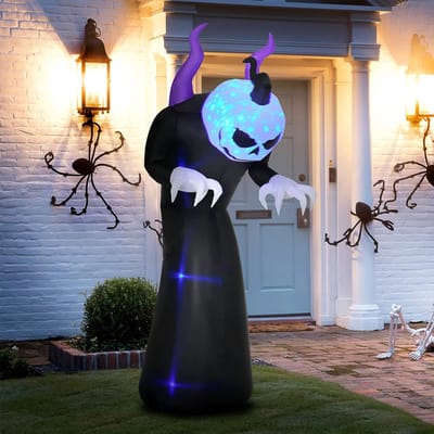 Opblaasbaar Halloween Spook 210 cm met Pompoenkop – LED Blauw Vlameffect – Waterdichte Opblaasbare Decoratie voor Binnen & Buiten – Halloween Tuindecoratie