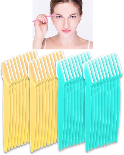 40 stuks wenkbrauw scheermesjes wenkbrauw trimmer scheerapparaat gezichtshaar verwijderen exfoliërende dermaplaning tool kit roestvrij staal bladen met dop, wenkbrauwvormer voor dames en heren make-up (blauw en geel)