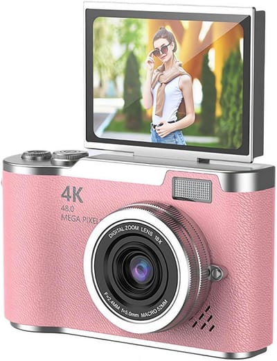 4K Digitale Camera voor Foto's – 48 MP met Kantelbaar Scherm, Draagbare Retrocamera met Kantelbaar Scherm, Selfiecamera met 8x Zoom, Vlogcamera – Camera voor Kinderen en Volwassenen, Compacte Retrocamera voor Buitengebruik (Roze, 1 Set)