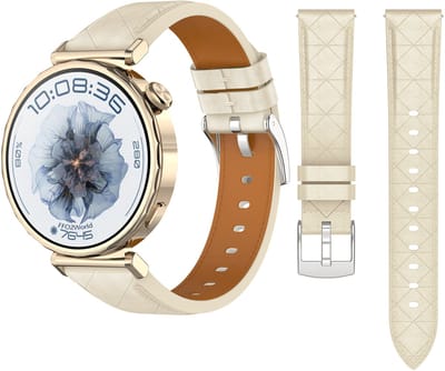 Stravo Luxe slank lederen bandje 20mm - Geschikt voor Samsung Galaxy Watch 7 6 5 4 - Classic - Elegant slank leren horlogebandje – diamantpatroon design voor Garmin Vivoactive 5 3 - Forerunner 245 - Venu SQ 2 - Vivomove - Huawei - Leer - Beige