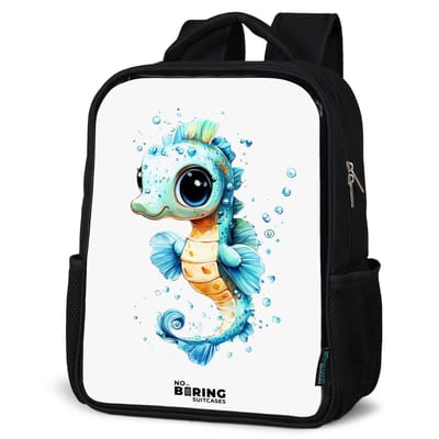 NoBoringSuitcases.com® - Rugzak zwart - Schooltas jongen & meisje - Blauw zeepaardje met grote ogen en luchtbellen - Rugtas voor school - Boekentas kind - Schoolrugzak - Kinderrugzak