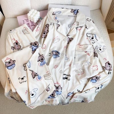 Cartoon Schattige Blije Puppy Print Dames Pyjama Kawaii Zoete en Chique Pyjama Nieuwe Herfst en Winter Melkzijde Pyjama XXL