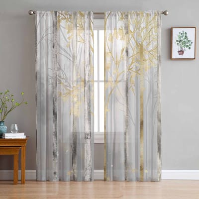 Olieverf Abstracte Boom Zonsondergang Tule Raamgordijnen voor Slaapkamer Luxe Huisdecoratie Gordijnen in Woonkamer Chiffon Panelen 135W x 114H(cm) white