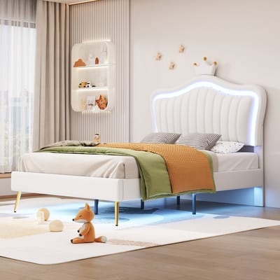 Gestoffeerd kinderbed – 90x200 cm – Met ledverlichting – Kroon-design – Wit – Inclusief lattenbodem (matras niet inbegrepen)