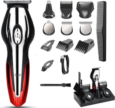 BAESS 6-in-1 Baardtrimmer - Draadloos en Oplaadbaar - Trimmer voor Gezicht, Lichaam en Haar - Tondeuse - Neustrimmer - Rood