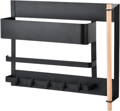 Ruimtebesparend kruidenrek met rolhouder en haak, magnetisch, 34,5 x 26 x 7,5 cm, ideaal voor keukengerei en kruidenopslag, zwart