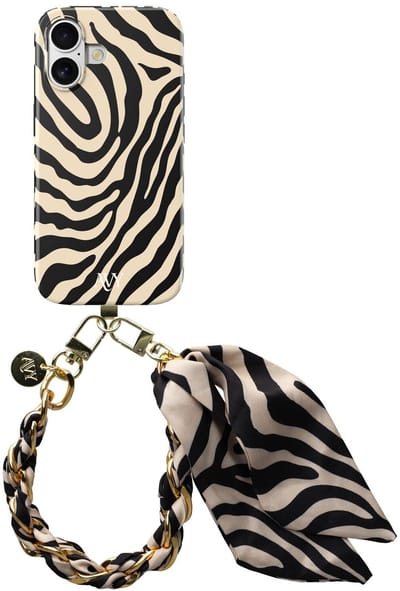 AVY Hoesje Met Telefoonkoord | Geschikt voor Apple iPhone 17 | Compatibel met MagSafe | Hard Shell Back Cover | Stijlvol Bijpassend Koord 32CM | Serengeti Zebra | Zwart & Wit