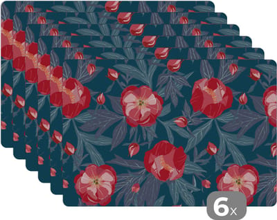 Placemat - Placemats kunststof - Bloemen - Rood - Bladeren - Patronen - 45x30 cm - 6 stuks - Hittebestendig - Anti-Slip - Onderlegger - Afneembaar