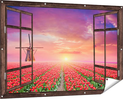 Gards Tuinposter Doorkijk Rode Rozen Bloemenveld met een Windmolen - 150x100 cm - Tuindoek - Tuindecoratie - Wanddecoratie buiten - Tuinschilderij