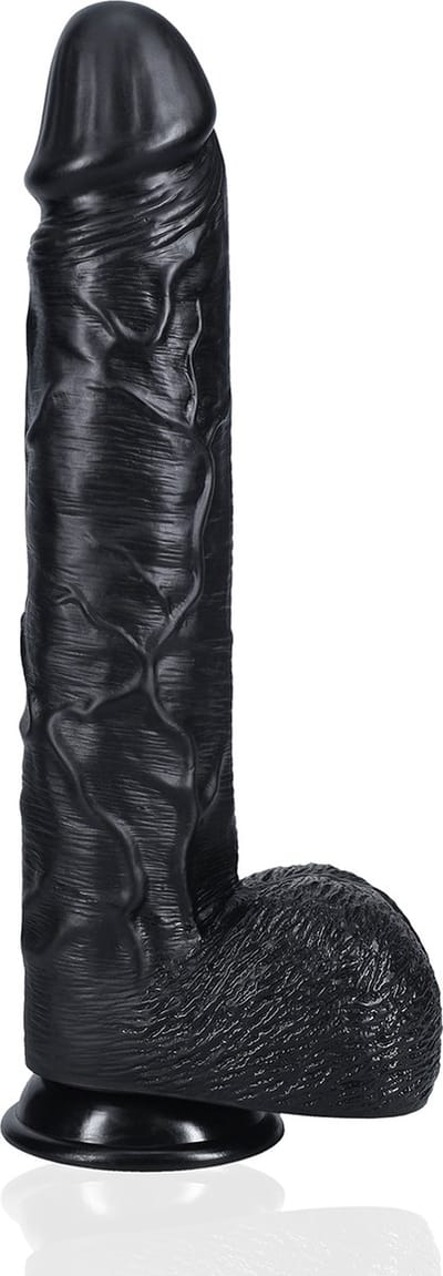 Extra Grote Rechte Zwarte Dildo Met Zuinap En Ballen - Zwarte Dildo 33 Cm Lang - Doorsnede 6.3 cm