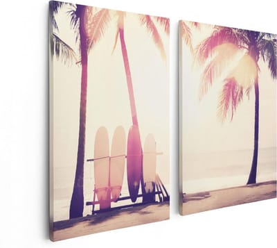 Artaza Canvas Schilderij Tweeluik Tropisch Strand Met Surfborden - 80x60 - Foto Op Canvas - Canvas Print