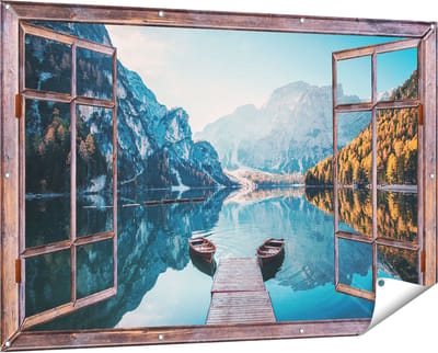 Gards Tuinposter Doorkijk Twee Bootjes op het Meer in de Bergen - 150x100 cm - Tuindoek - Tuindecoratie - Wanddecoratie buiten - Tuinschilderij