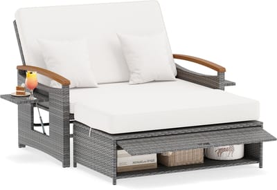 COSTWAY Rattan Lounge Sofa, Lounge Meubels Outdoor, Tuinbank met Liggende Functie, 2-Zits Tuinlounge met Kussens & Zijtafels, Polyrattan Tuinmeubelen, Balkonmeubelen Klein Balkon (Wit)