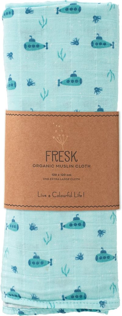 Fresk Hydrofiele Doek – 120 x 120 cm - Spuugdoekjes - Babyverzorging - 1 stuk - Ademend en Absorberend - Babyspullen - Blauw - Submarine